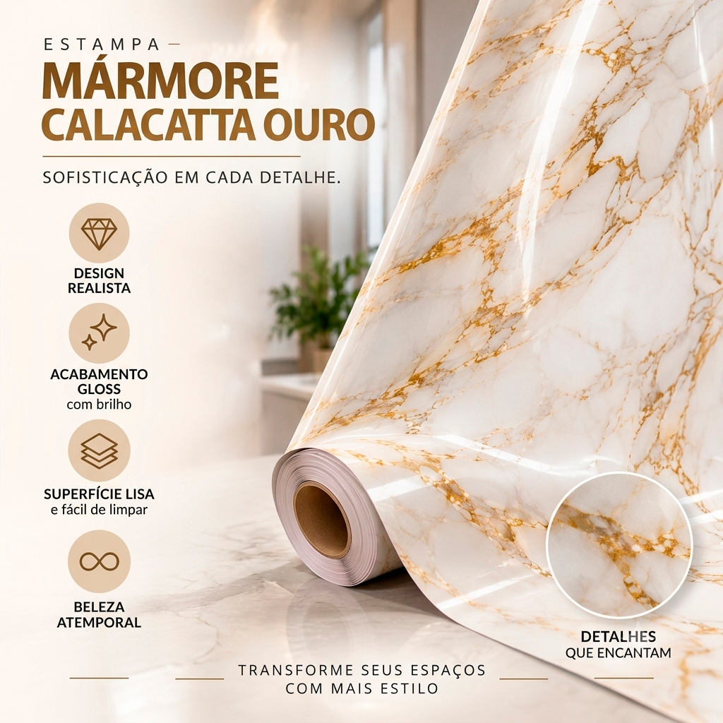 Adesivo Vinílico Mármore Calacatta Ouro Gloss Imprimax 60CM E 122CM - Imagem 6