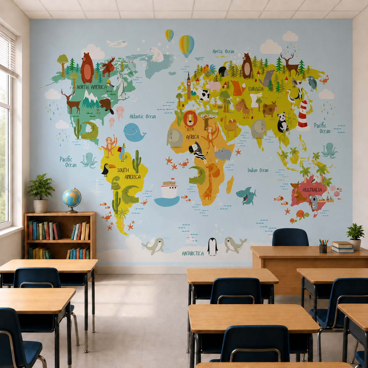 Papel de Parede Mapa Mundi Safari Bichos