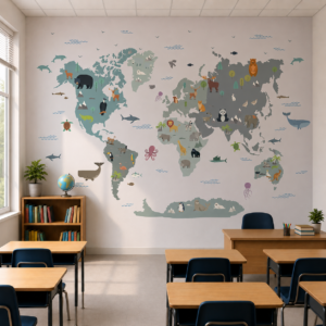 Papel de Parede Mapa Mundi Bichos Azul Acizentado
