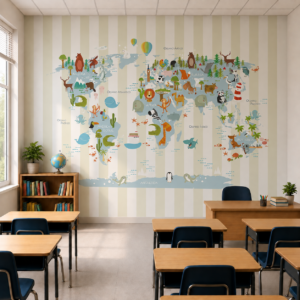 Papel de Parede Mapa Mundi Bichos Listrado