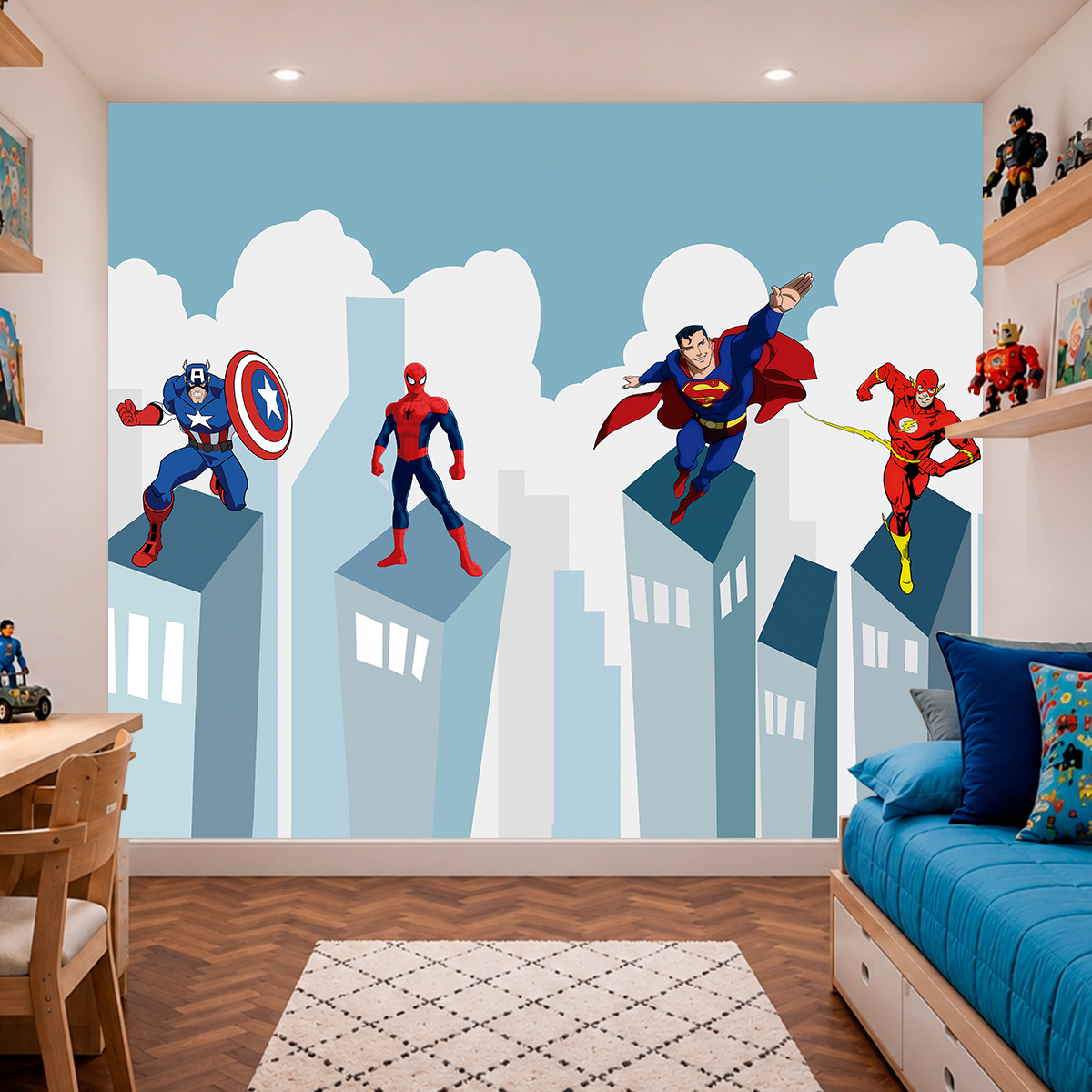 Papel de Parede Heróis Marvel e DC Azul