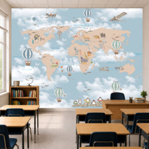 Papel de Parede Mapa Mundi Bichos Azul