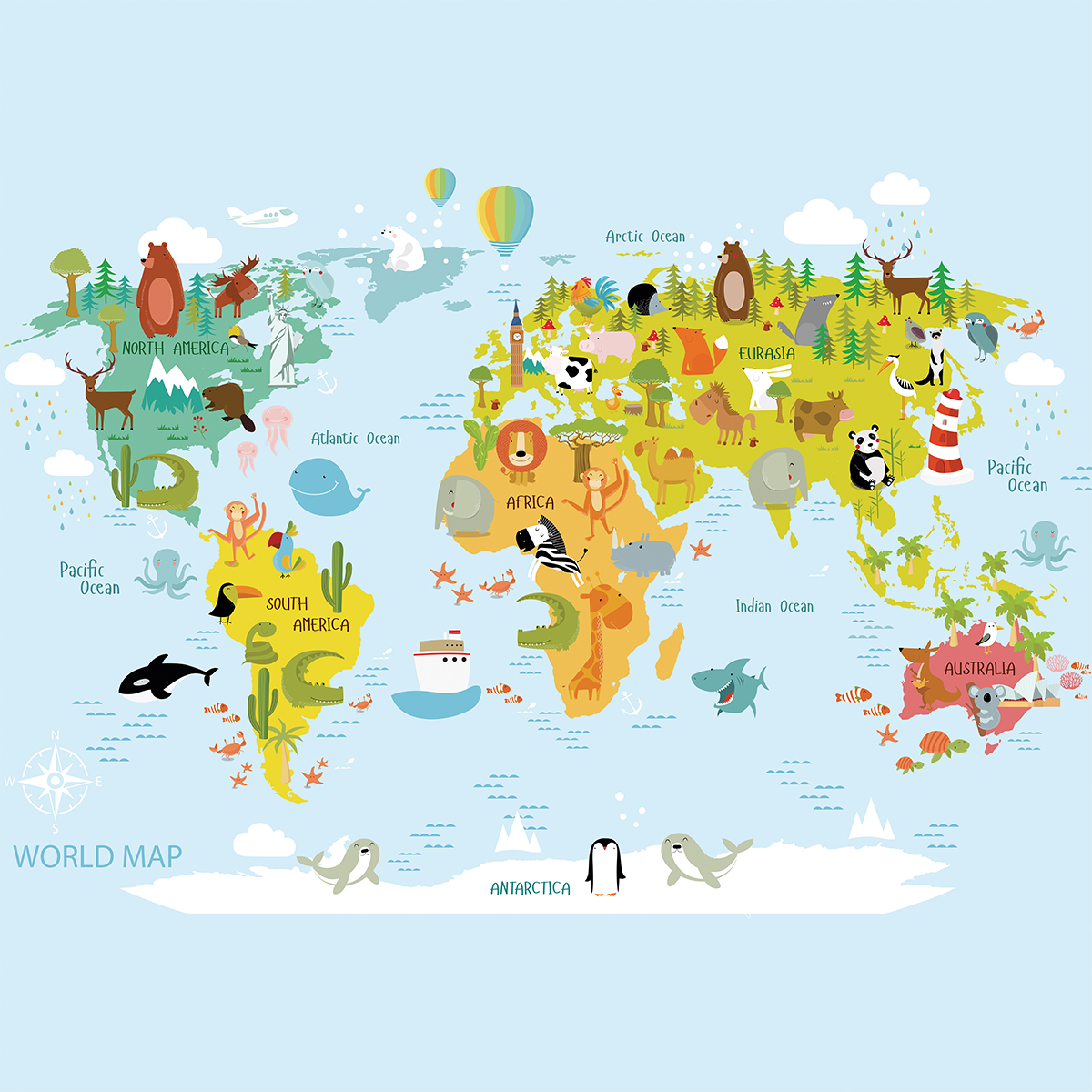 Papel de Parede Mapa Mundi Safari Bichos - Imagem 2