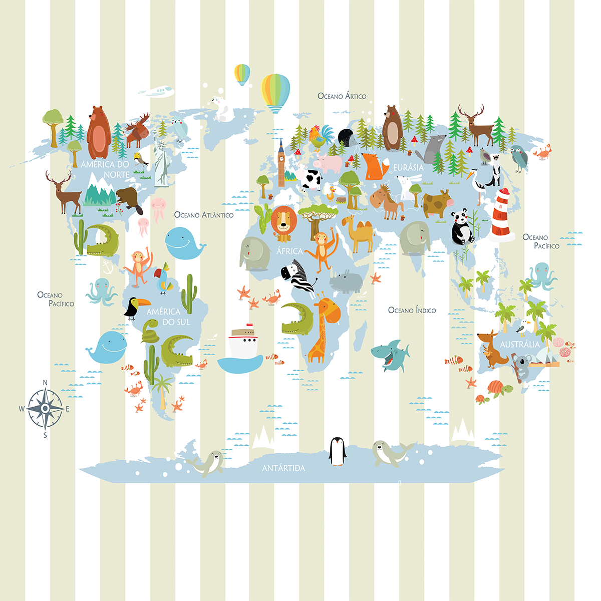 Papel de Parede Mapa Mundi Bichos Listrado - Imagem 2