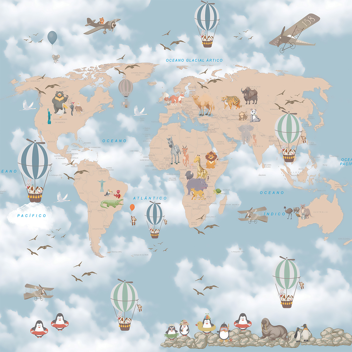 Papel de Parede Mapa Mundi Bichos Azul - Imagem 2
