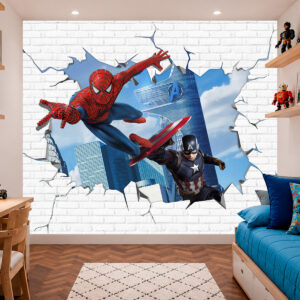 Papel de Parede Homem Aranha e Capitão América Saindo da Parede
